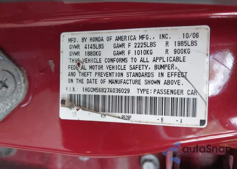 2007 Honda Accord 2.4 Ex from USA, damaged, VIN 1HGCM56827A036029